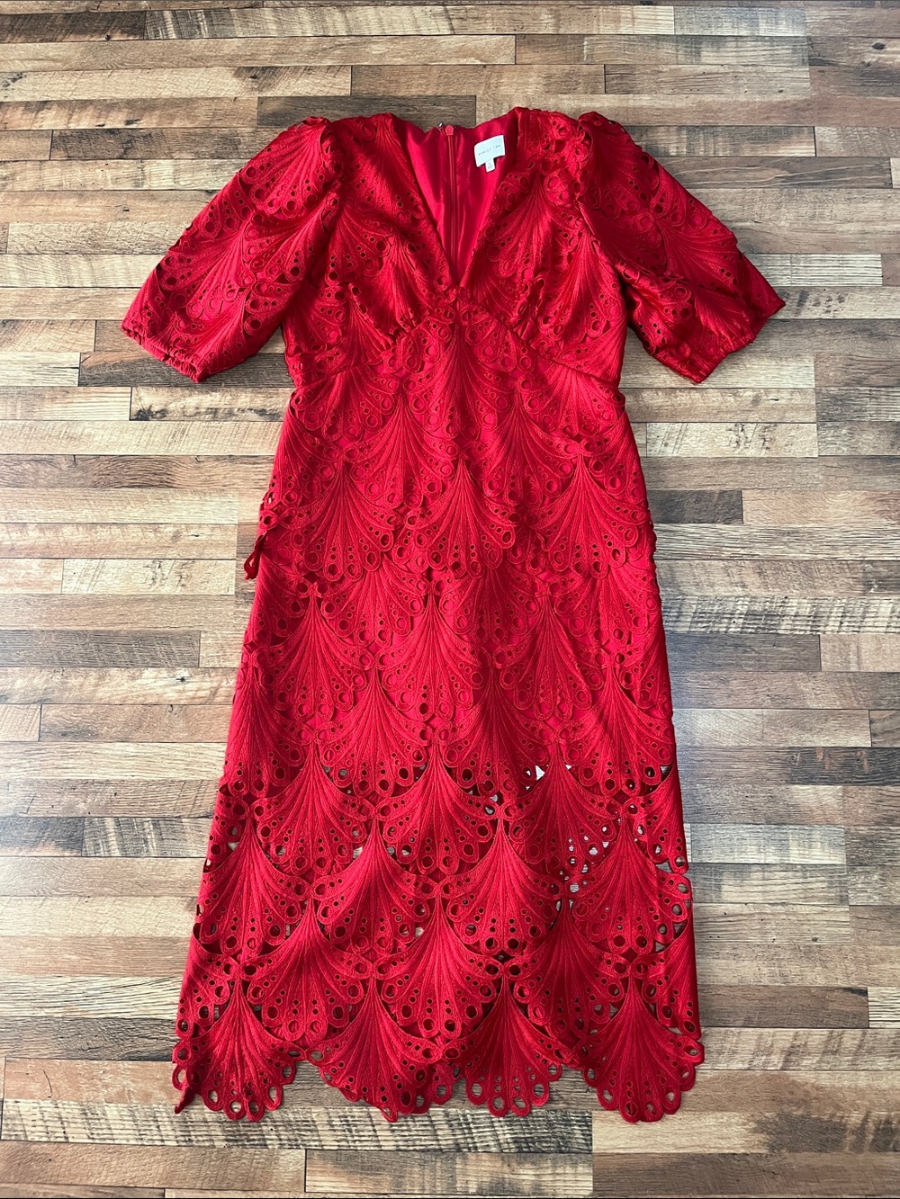 Adelyn Rae Red Lace Midi Dress with V-Neck and Puff Sleeves